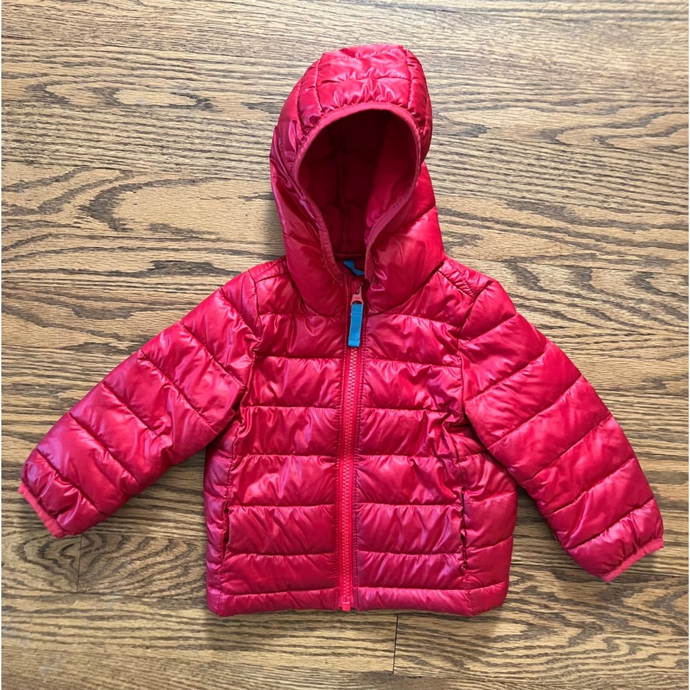 Primary Kids Raspberry Red Hooded Puffer Jacket 12-18 Months Recycled Polyester